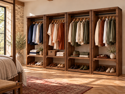 CHESWICK Walnut Colour Solid Wood Wardrobe With Bottom Shelf – Open Wardrobe, Rustic Scandinavian Design
