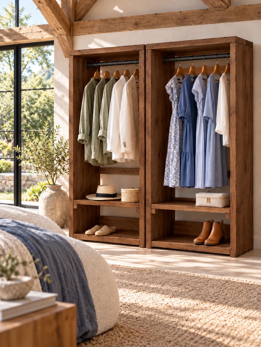 CHESWICK Walnut Colour Solid Wood Wardrobe With Bottom Shelf – Open Wardrobe, Rustic Scandinavian Design
