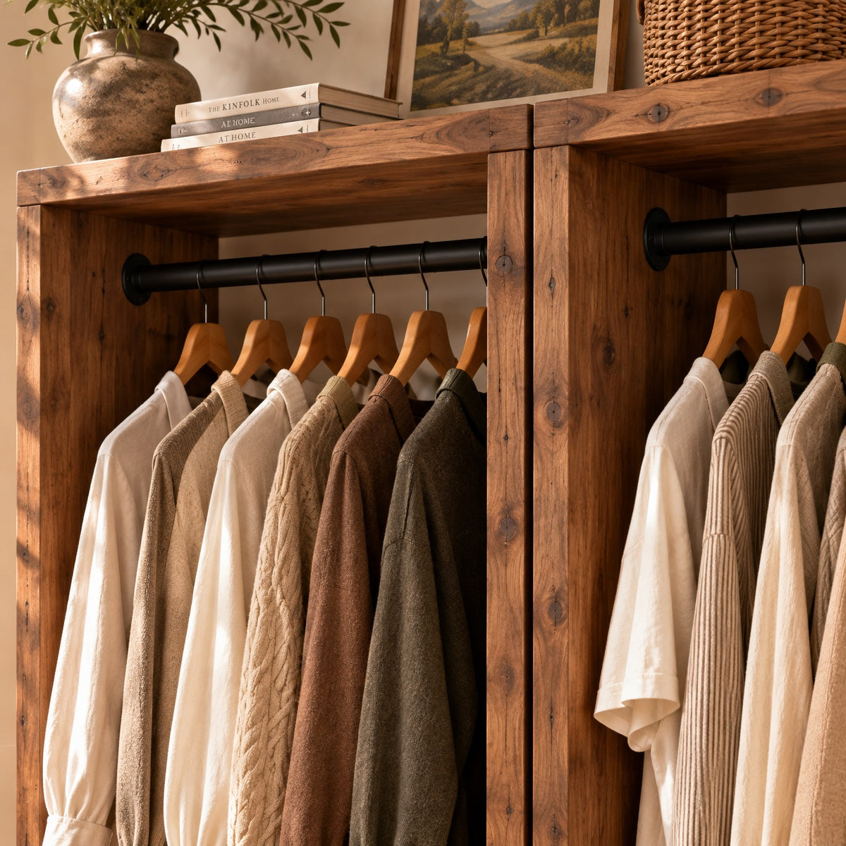 CHESWICK Walnut Colour Solid Wood Wardrobe With Bottom Shelf – Open Wardrobe, Rustic Scandinavian Design