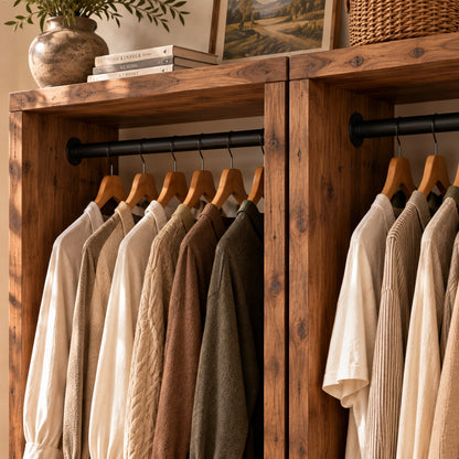 CHESWICK Walnut Colour Solid Wood Wardrobe With Bottom Shelf – Open Wardrobe, Rustic Scandinavian Design