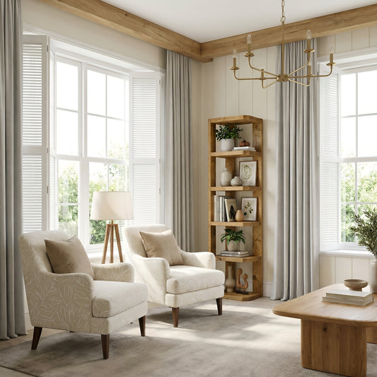 Belix Solid Wood Corner Bookshelf –  Open Bookcase, Rustic Scandinavian Design