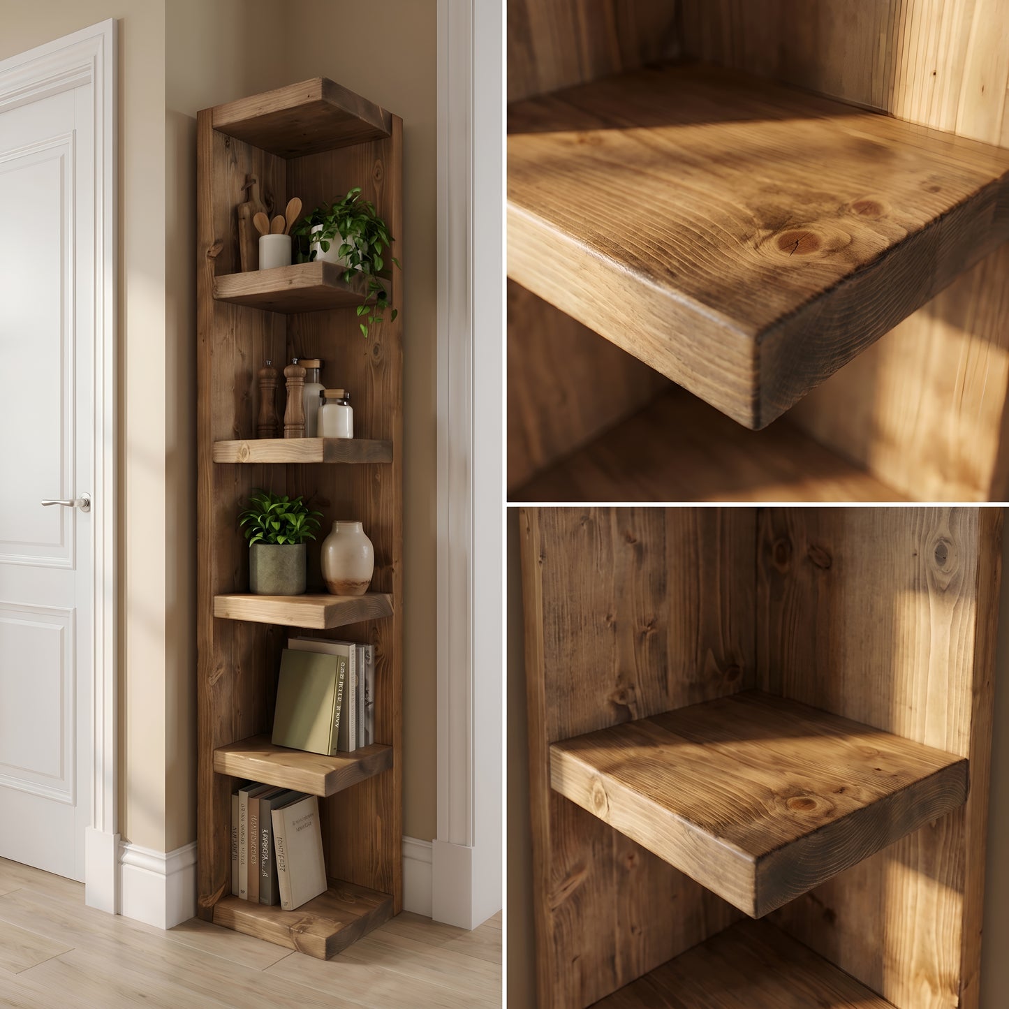 Cotswold Solid Wood Corner Bookshelf –  Bookcase, Rustic Scandinavian Design