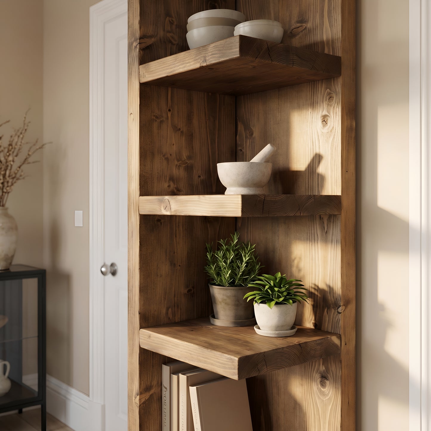 Cotswold Solid Wood Corner Bookshelf –  Bookcase, Rustic Scandinavian Design