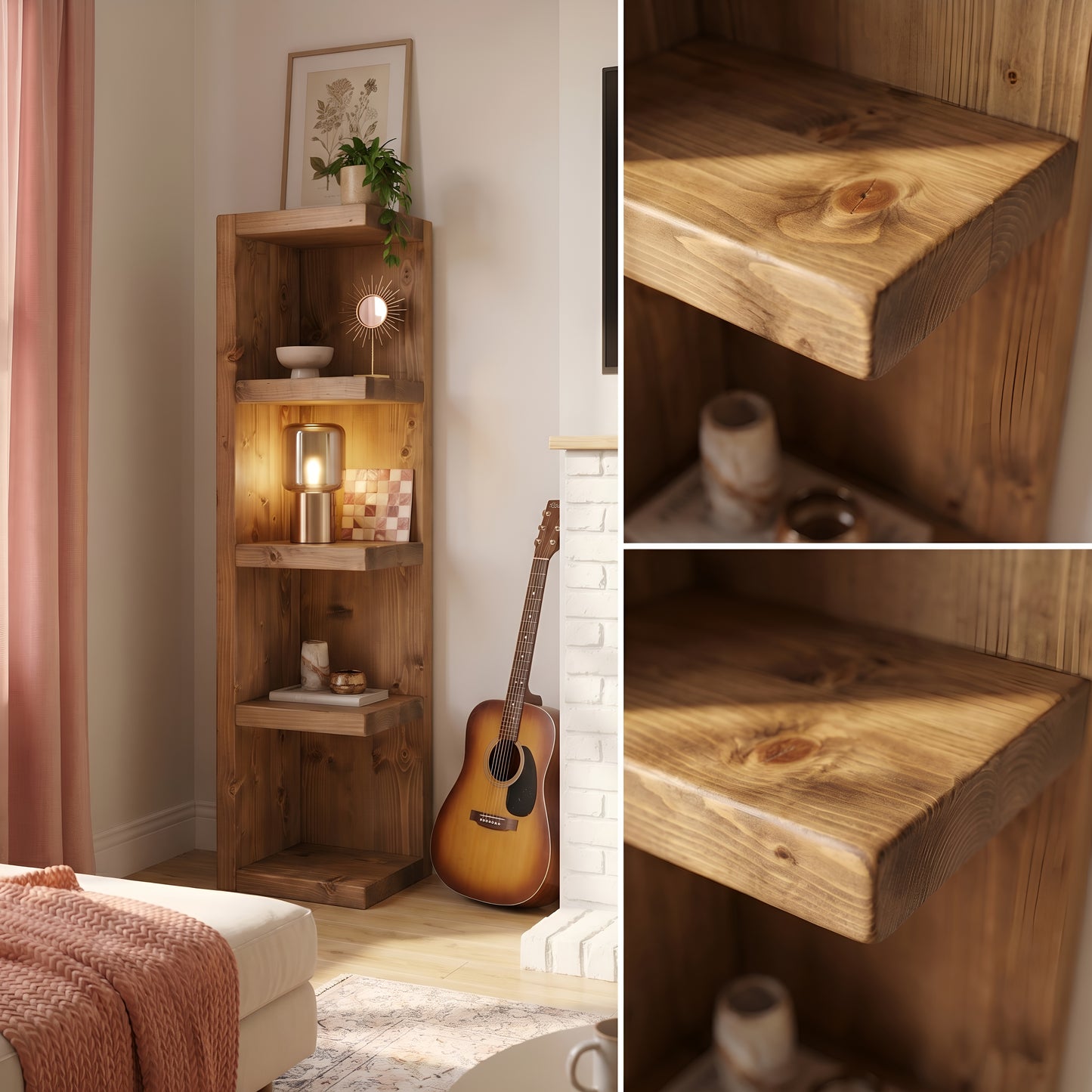 Cotswold Solid Wood Corner Bookshelf –  Bookcase, Rustic Scandinavian Design
