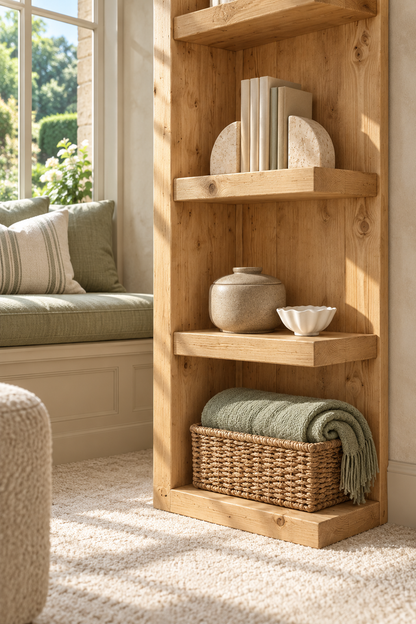 Cotswold Light Oak Colour Solid Wood Corner Bookshelf –  Bookcase, Rustic Scandinavian Design