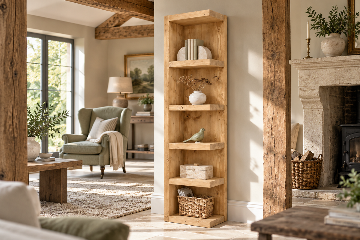Cotswold Light Oak Colour Solid Wood Corner Bookshelf –  Bookcase, Rustic Scandinavian Design