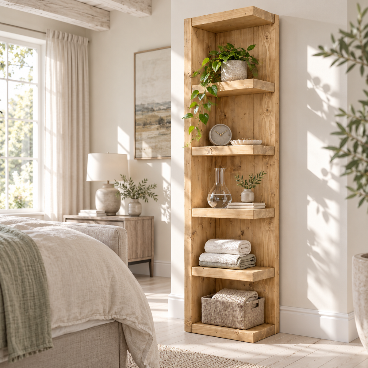 Cotswold Light Oak Colour Solid Wood Corner Bookshelf –  Bookcase, Rustic Scandinavian Design