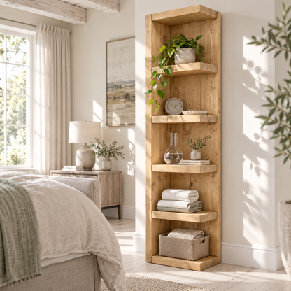 Cotswold Light Oak Colour Solid Wood Corner Bookshelf –  Bookcase, Rustic Scandinavian Design