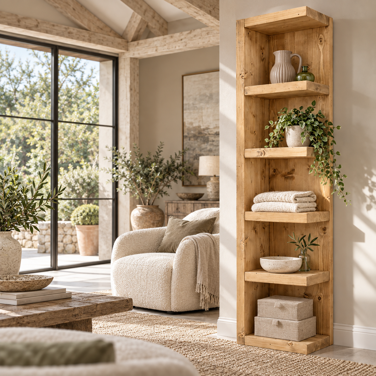 Cotswold Light Oak Colour Solid Wood Corner Bookshelf –  Bookcase, Rustic Scandinavian Design