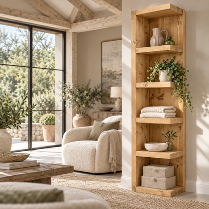 Cotswold Light Oak Colour Solid Wood Corner Bookshelf –  Bookcase, Rustic Scandinavian Design