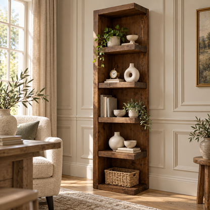 Cotswold Walnut Colour Solid Wood Corner Bookshelf –  Bookcase, Rustic Scandinavian Design