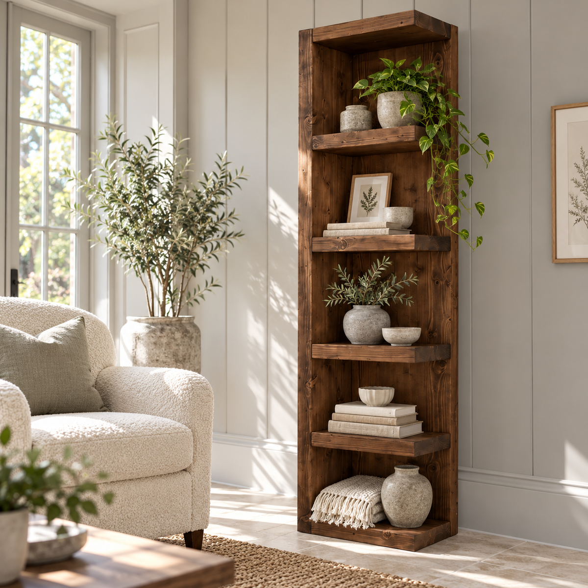 Cotswold Walnut Colour Solid Wood Corner Bookshelf –  Bookcase, Rustic Scandinavian Design