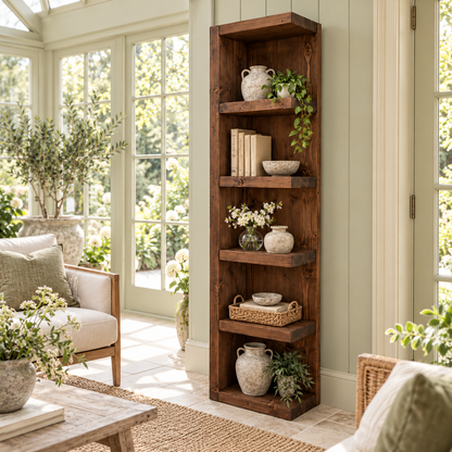Cotswold Walnut Colour Solid Wood Corner Bookshelf –  Bookcase, Rustic Scandinavian Design
