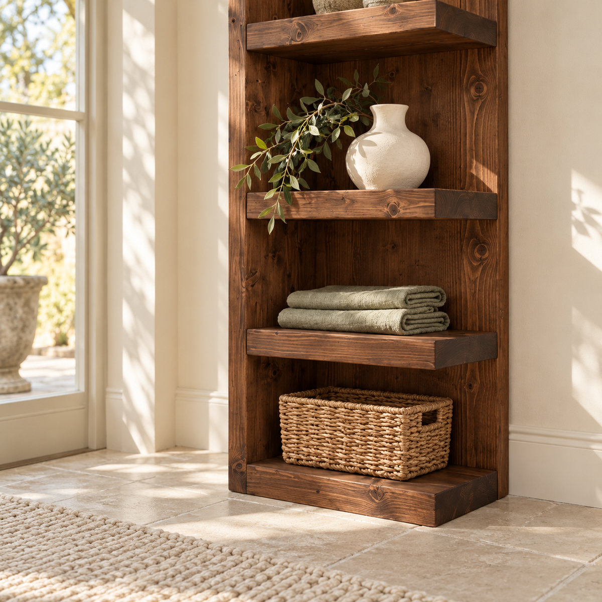 Cotswold Walnut Colour Solid Wood Corner Bookshelf –  Bookcase, Rustic Scandinavian Design
