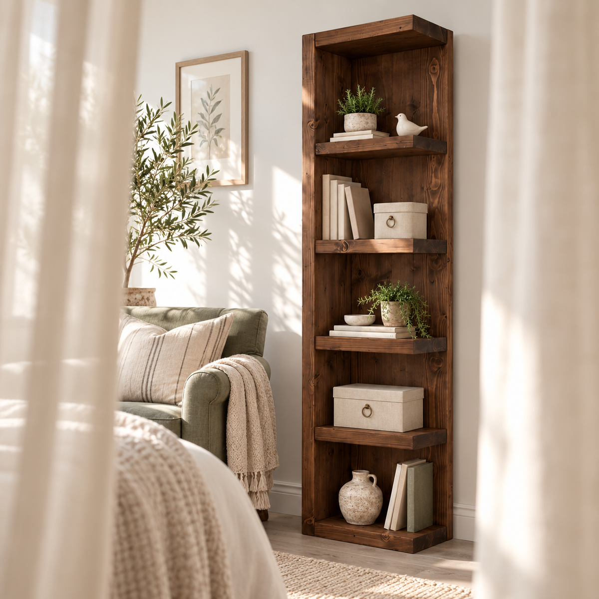 Cotswold Walnut Colour Solid Wood Corner Bookshelf –  Bookcase, Rustic Scandinavian Design