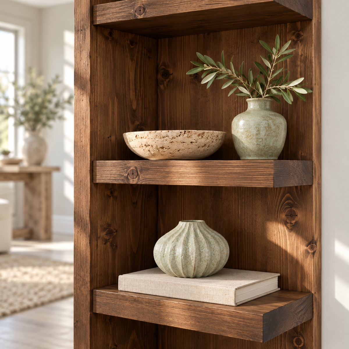 Cotswold Walnut Colour Solid Wood Corner Bookshelf –  Bookcase, Rustic Scandinavian Design