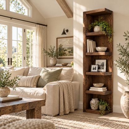 Cotswold Walnut Colour Solid Wood Corner Bookshelf –  Bookcase, Rustic Scandinavian Design
