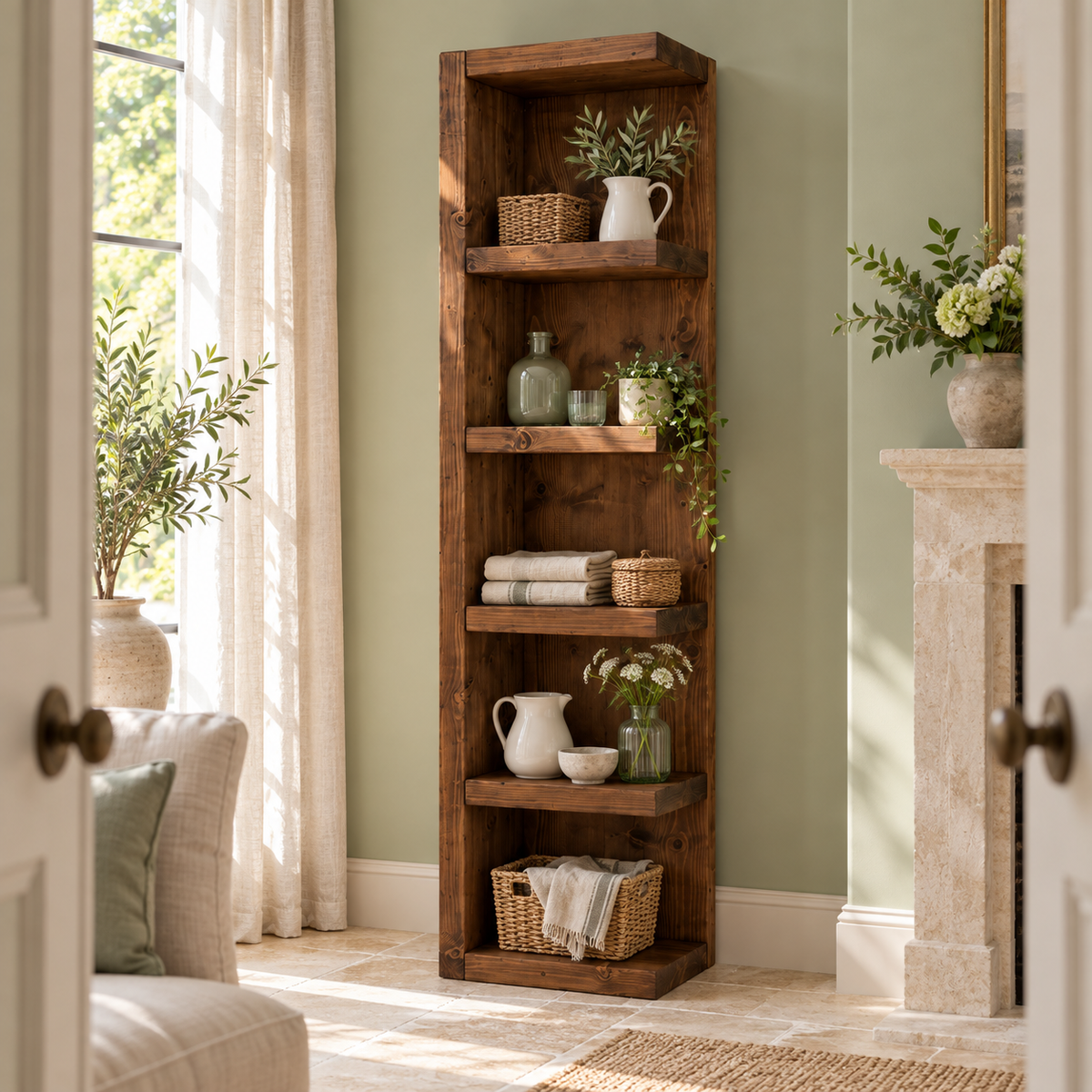 Cotswold Walnut Colour Solid Wood Corner Bookshelf –  Bookcase, Rustic Scandinavian Design