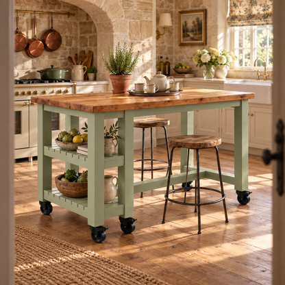 NORVIK Light Green Cart On Wheels Solid Wood Kitchen Island With Shelf / Breakfast Bar