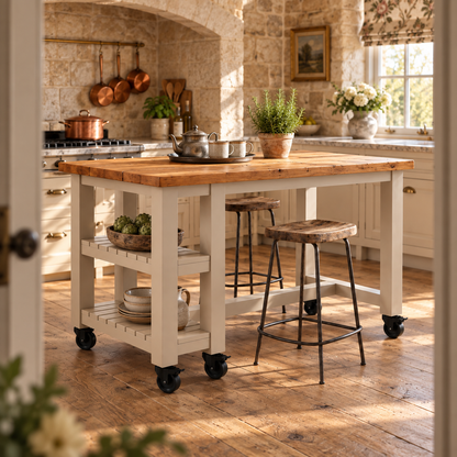 NORVIK Cashmere Cart On Wheels Solid Wood Kitchen Island With Shelf / Breakfast Bar