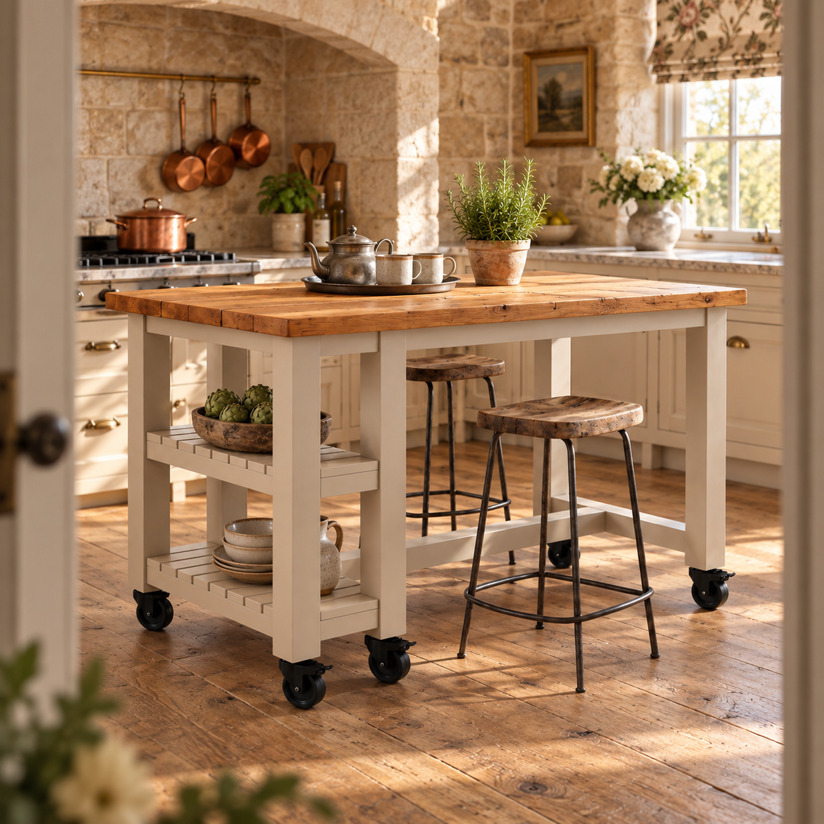 NORVIK Cashmere Cart On Wheels Solid Wood Kitchen Island With Shelf / Breakfast Bar