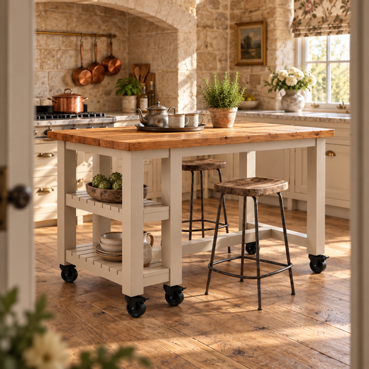NORVIK Cart Cashmere On Wheels Solid Wood Kitchen Island With Shelf / Breakfast Bar