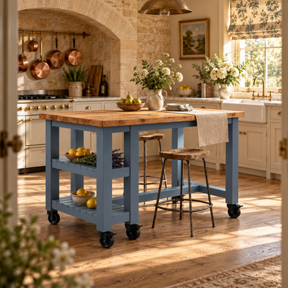 NORVIK Blue Cart On Wheels Solid Wood Kitchen Island With Shelf / Breakfast Bar