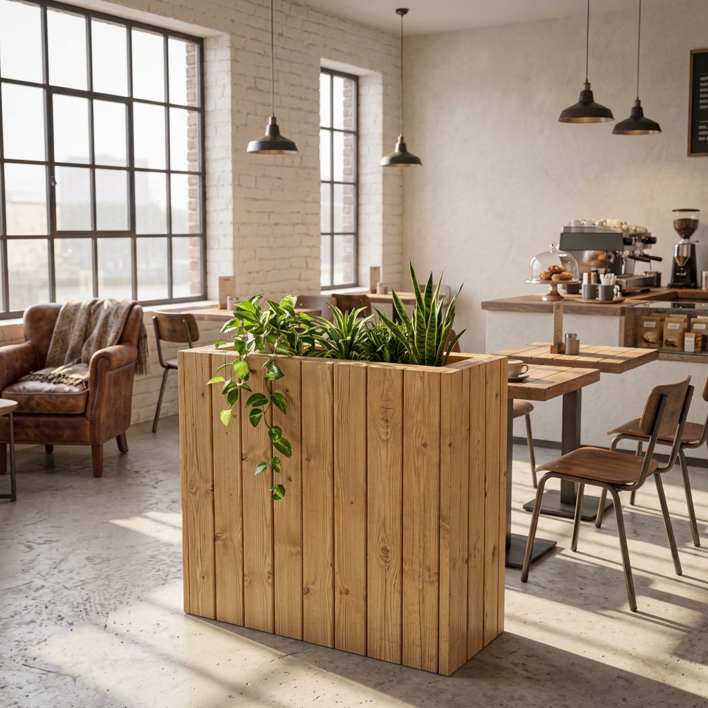 Planter Box Solid Wood Slatted Walnut Colour  / Tall Indoor Plant Divider For Cafe and Restaurants