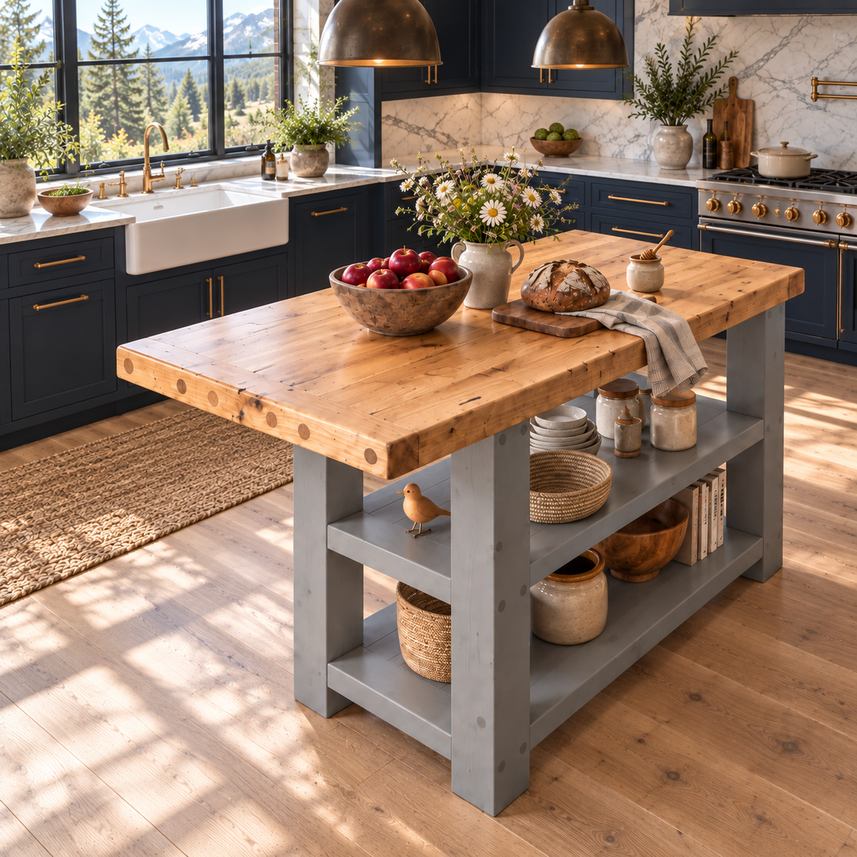 DUNSMERE Medium Grey Kitchen Island With Overhang / Breakfast Bar / Rustic Island