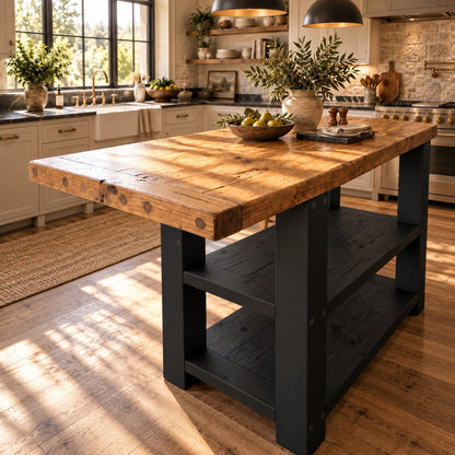 DUNSMERE Black Kitchen Island With Overhang / Breakfast Bar / Rustic Island