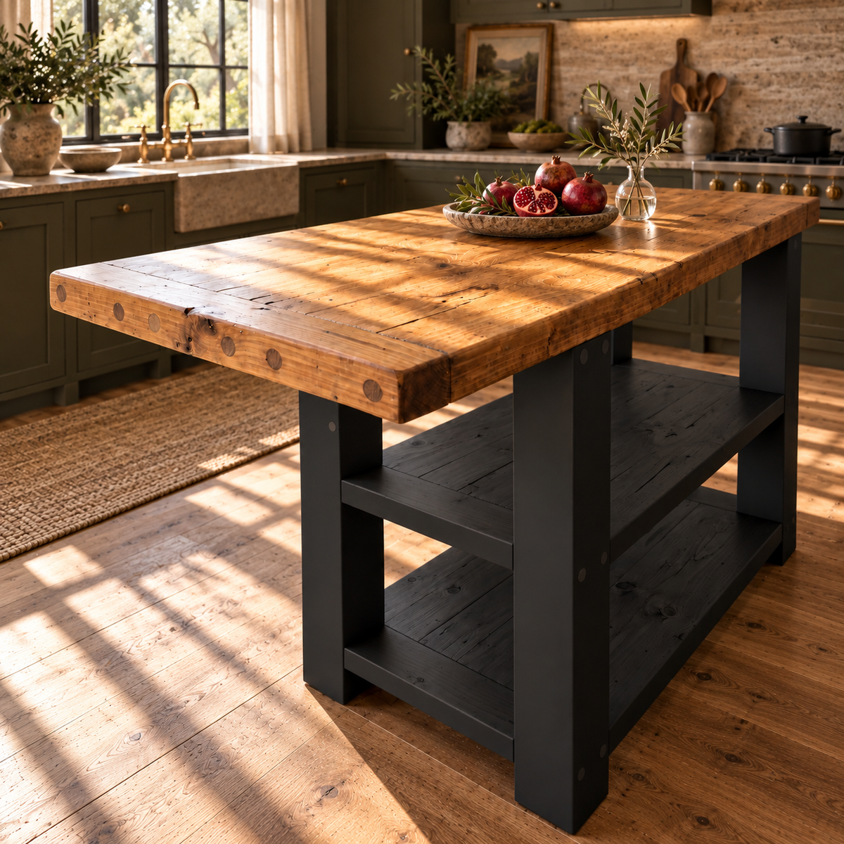 DUNSMERE Black Kitchen Island With Overhang / Breakfast Bar / Rustic Island