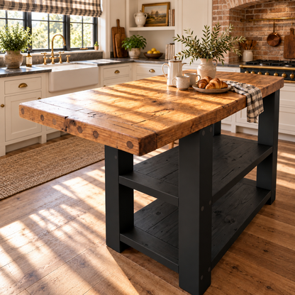 DUNSMERE Black Kitchen Island With Overhang / Breakfast Bar / Rustic Island