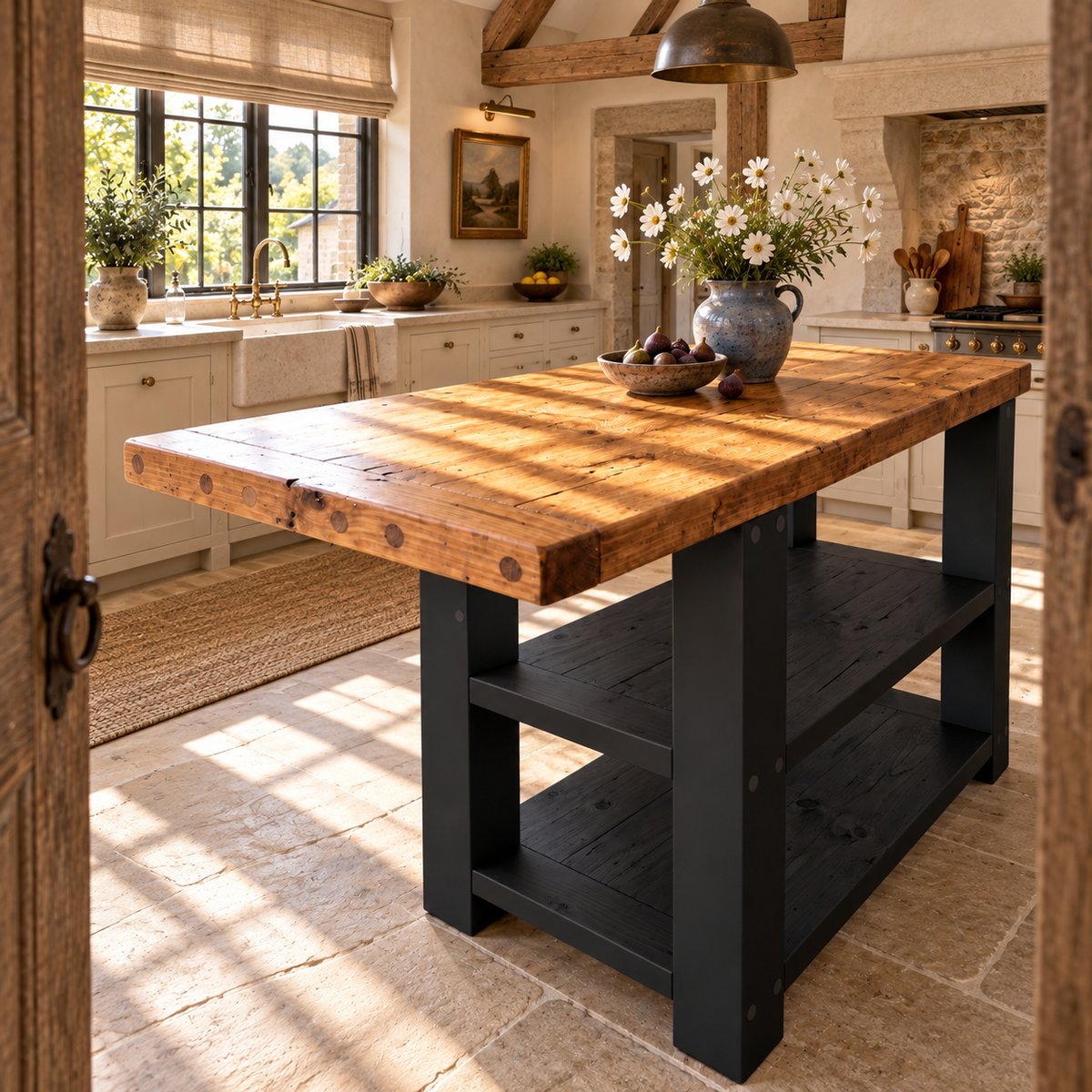 DUNSMERE Black Kitchen Island With Overhang / Breakfast Bar / Rustic Island