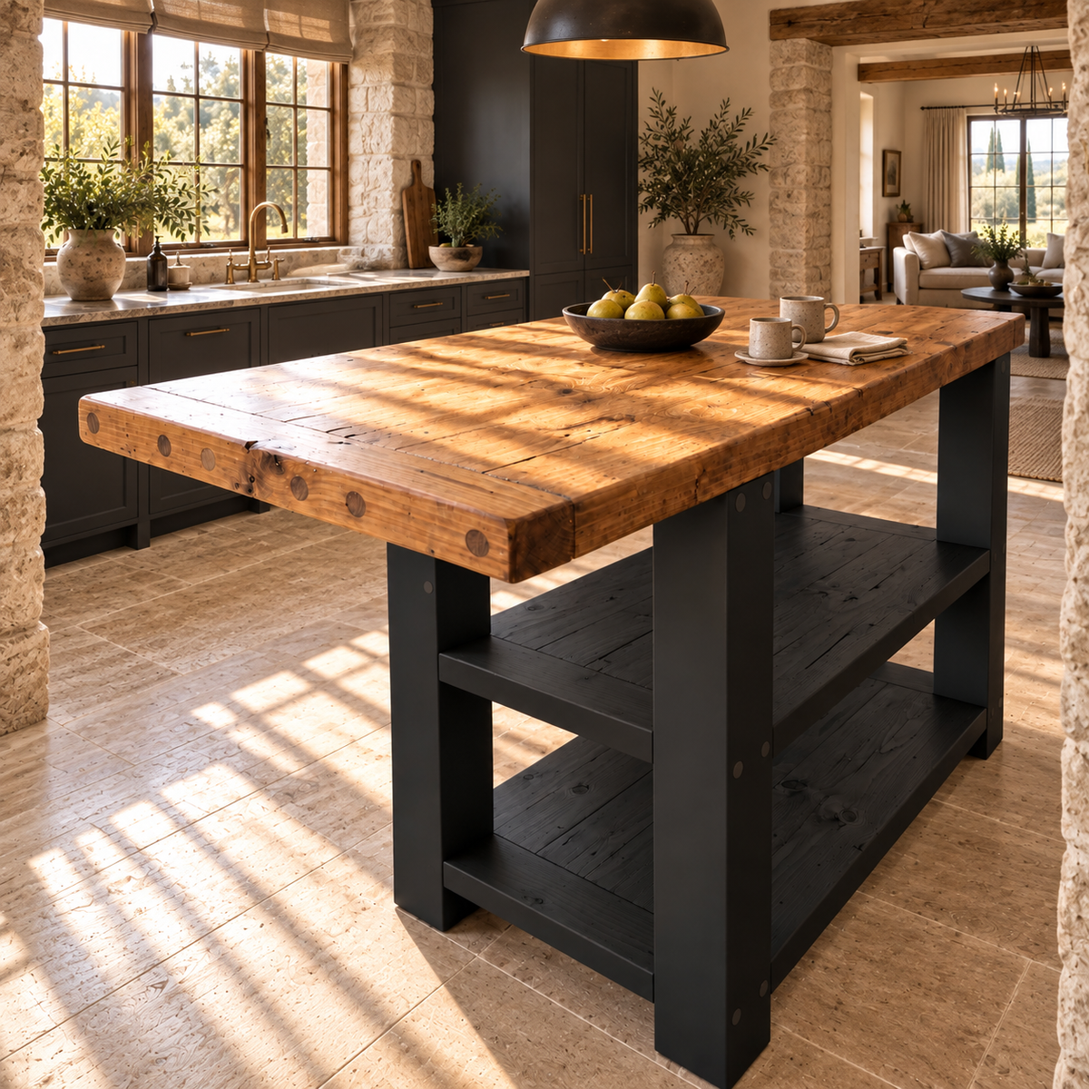 DUNSMERE Black Kitchen Island With Overhang / Breakfast Bar / Rustic Island