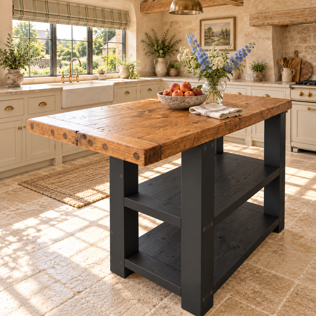 DUNSMERE Black Kitchen Island With Overhang / Breakfast Bar / Rustic Island