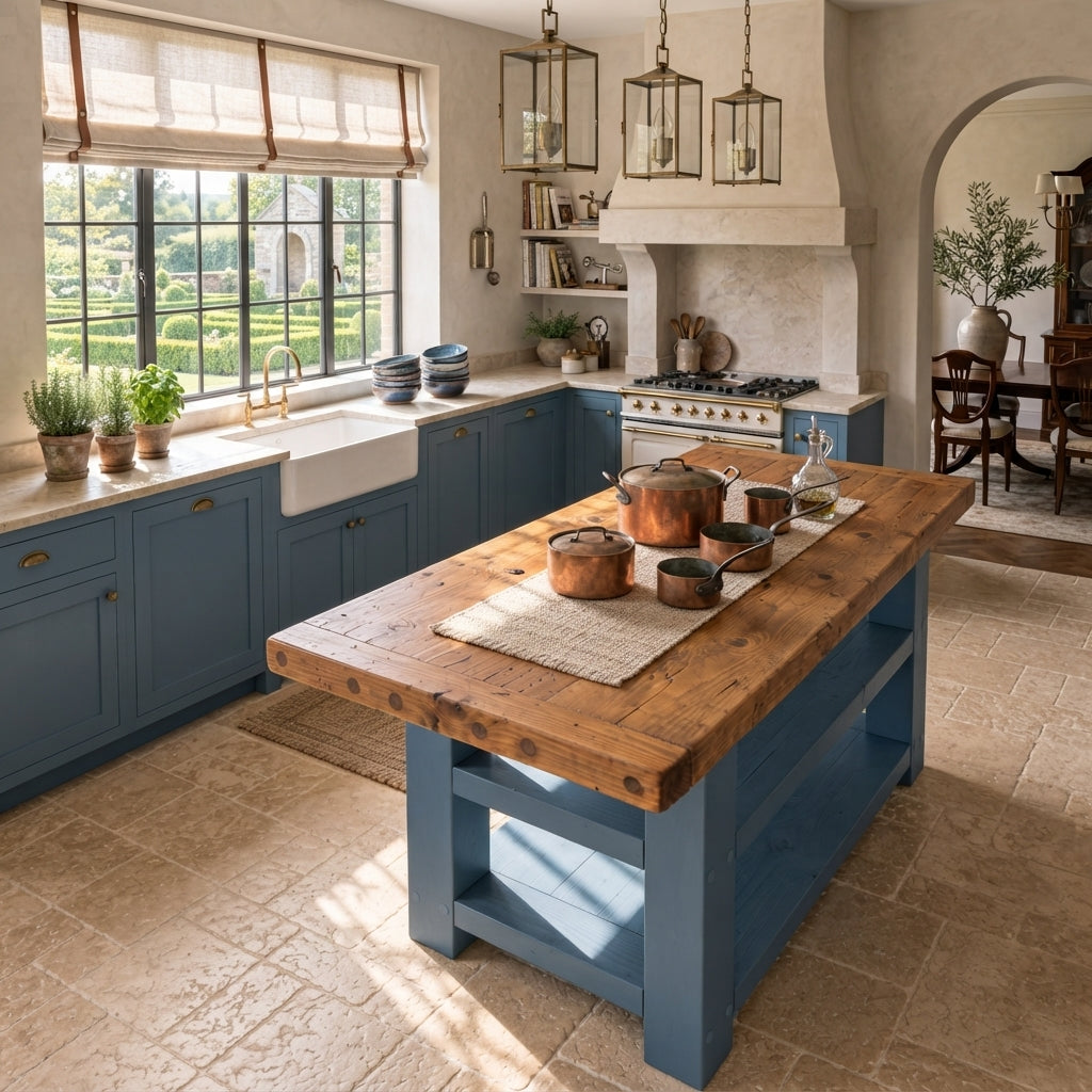 DUNSMERE Blue Kitchen Island With Overhang / Breakfast Bar / Rustic Island
