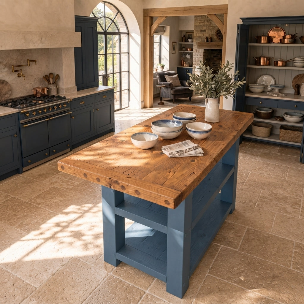 DUNSMERE Blue Kitchen Island With Overhang / Breakfast Bar / Rustic Island