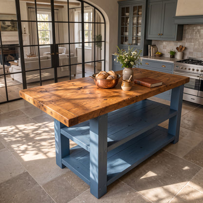DUNSMERE Blue Kitchen Island With Overhang / Breakfast Bar / Rustic Island