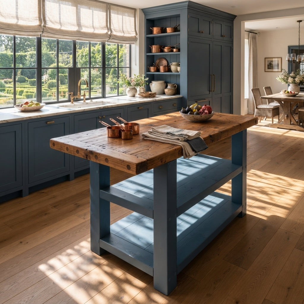 DUNSMERE Blue Kitchen Island With Overhang / Breakfast Bar / Rustic Island