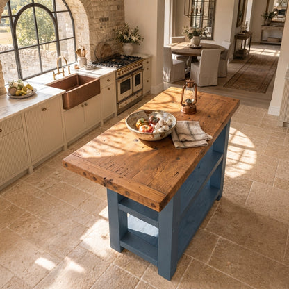DUNSMERE Blue Kitchen Island With Overhang / Breakfast Bar / Rustic Island