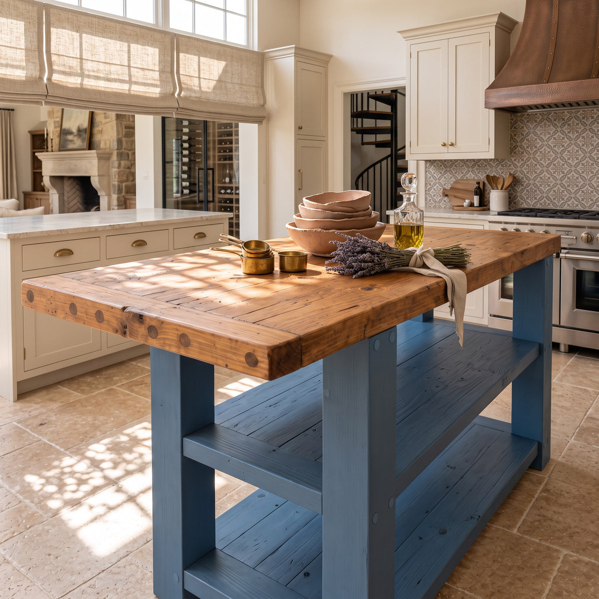 DUNSMERE Blue Kitchen Island With Overhang / Breakfast Bar / Rustic Island