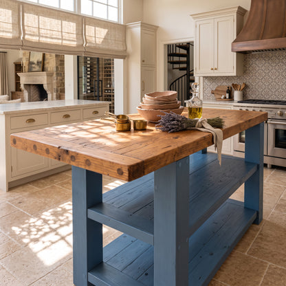 DUNSMERE Blue Kitchen Island With Overhang / Breakfast Bar / Rustic Island