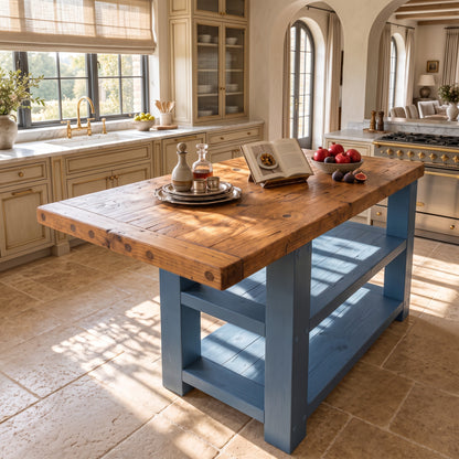 DUNSMERE Blue Kitchen Island With Overhang / Breakfast Bar / Rustic Island