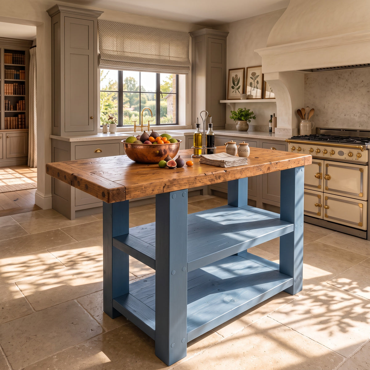 DUNSMERE Blue Kitchen Island With Overhang / Breakfast Bar / Rustic Island
