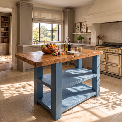 DUNSMERE Blue Kitchen Island With Overhang / Breakfast Bar / Rustic Island