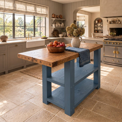 DUNSMERE Blue Kitchen Island With Overhang / Breakfast Bar / Rustic Island