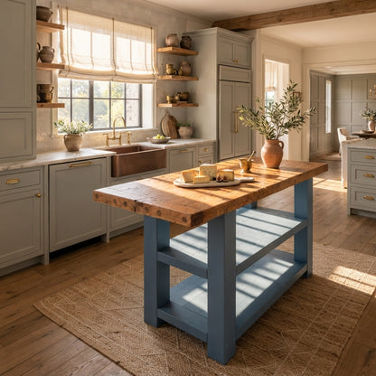 DUNSMERE Blue Kitchen Island With Overhang / Breakfast Bar / Rustic Island