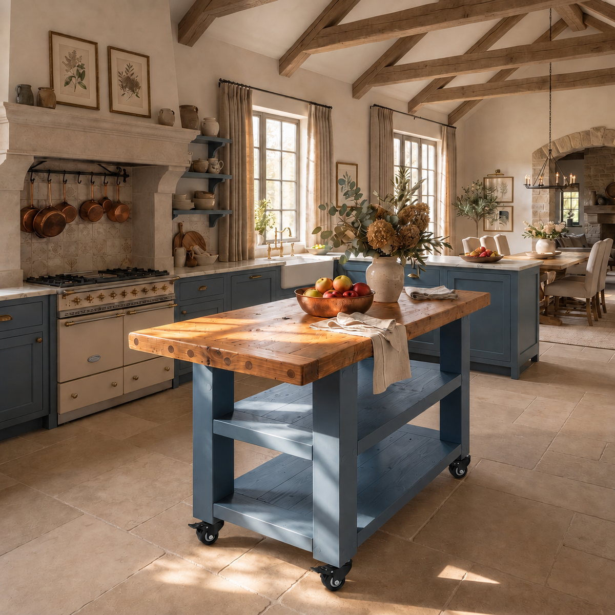 DUNSMERE Cart Blue Kitchen Island With Overhang / Breakfast Bar / Rustic Island