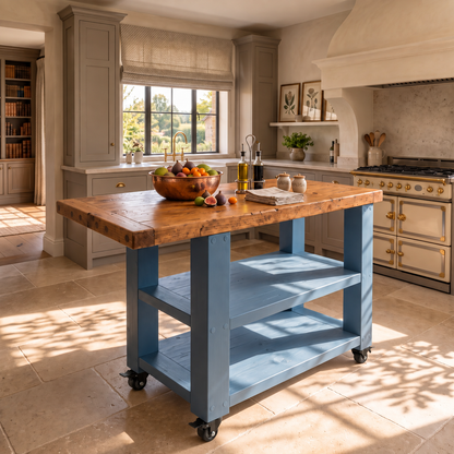 DUNSMERE Cart Blue Kitchen Island With Overhang / Breakfast Bar / Rustic Island