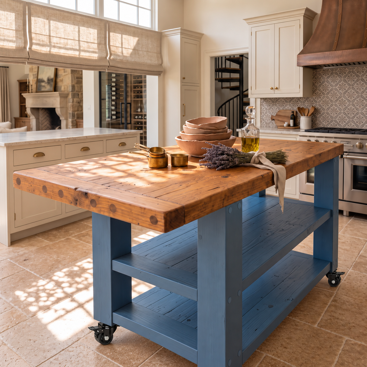DUNSMERE Cart Blue Kitchen Island With Overhang / Breakfast Bar / Rustic Island